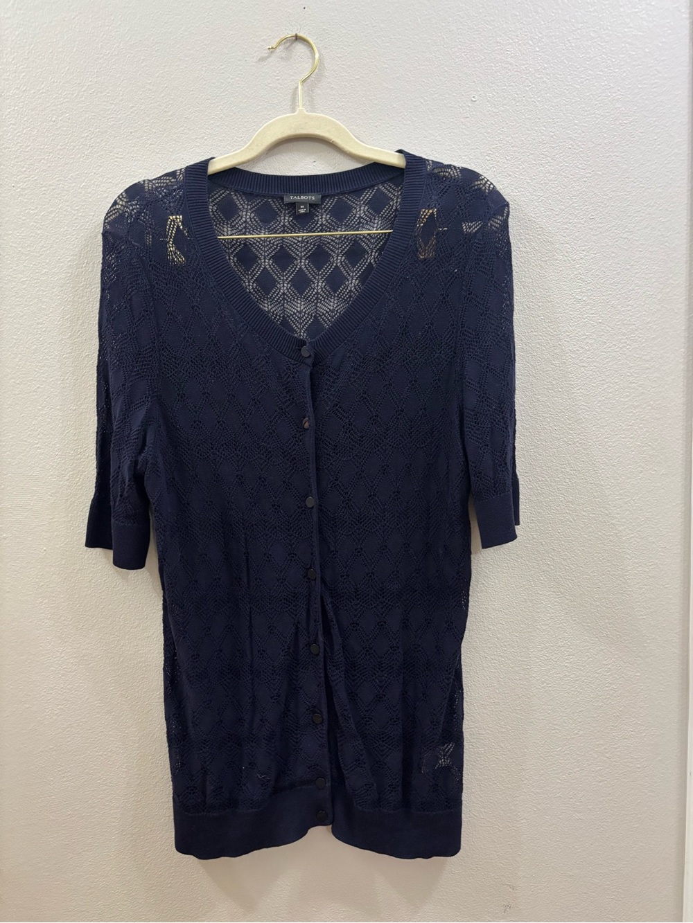 Talbots navy blue pointelle diamond knit short-sleeve cardigan sweater